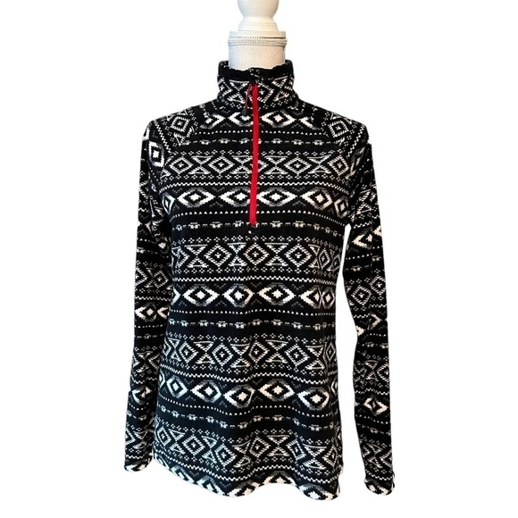 EDDIE BAUER WOMENS BLACK & WHITE NORDIC FAIR ISLES WUEST FLEECE PULLOVER SZ MED - Picture 1 of 11
